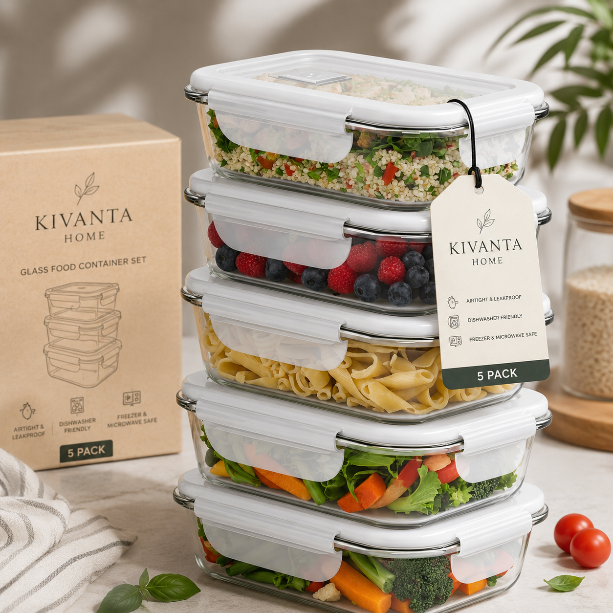 Kivanta Home Glass Food Storage Containers Set – 5 Pack Airtight Meal Prep Boxes