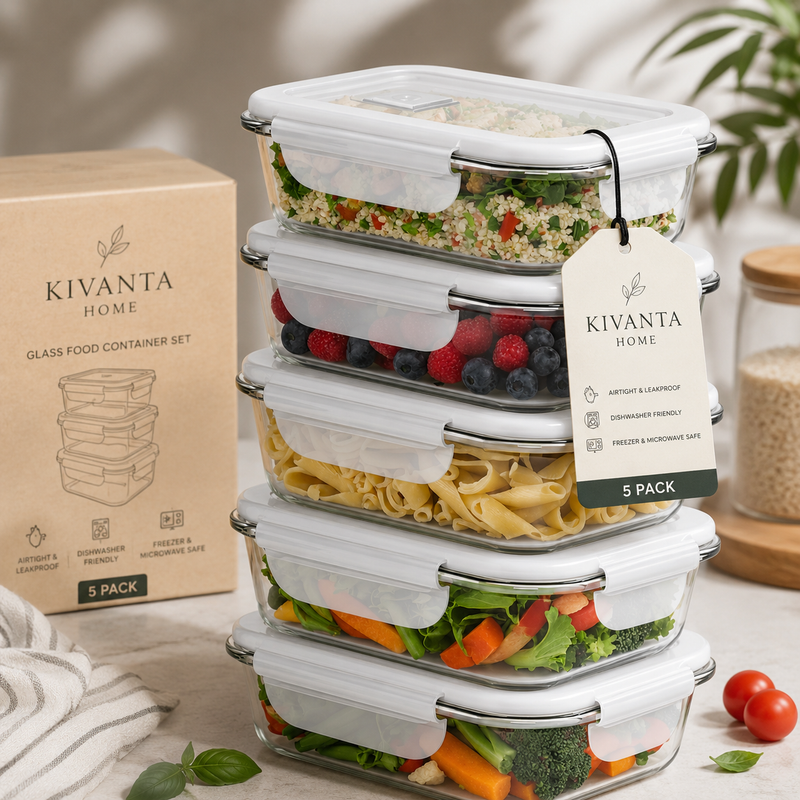 Kivanta Home Glass Food Storage Containers Set – 5 Pack Airtight Meal Prep Boxes