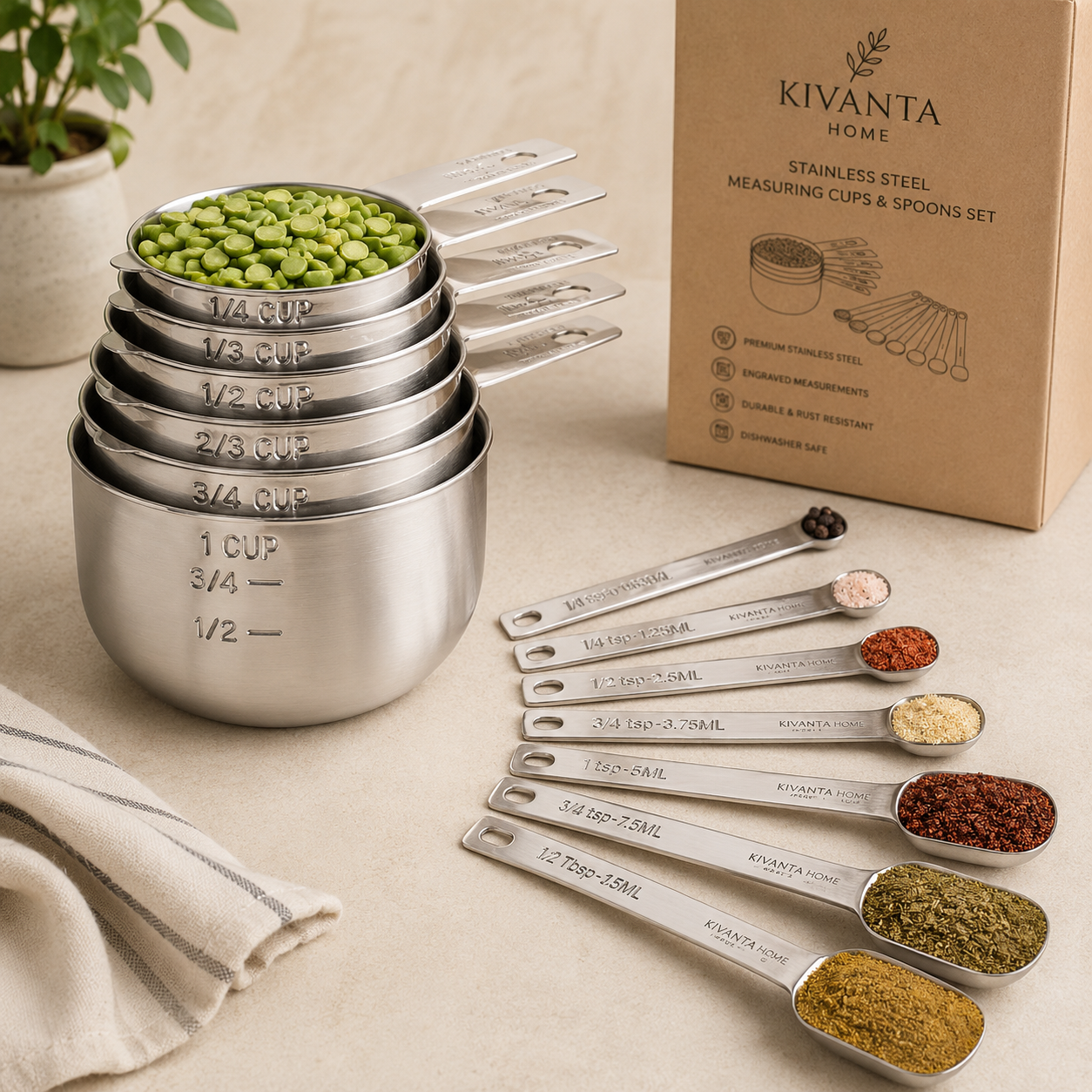 Kivanta Home Stainless Steel Measuring Cups & Spoons Set – Premium Kitchen Baking Tools