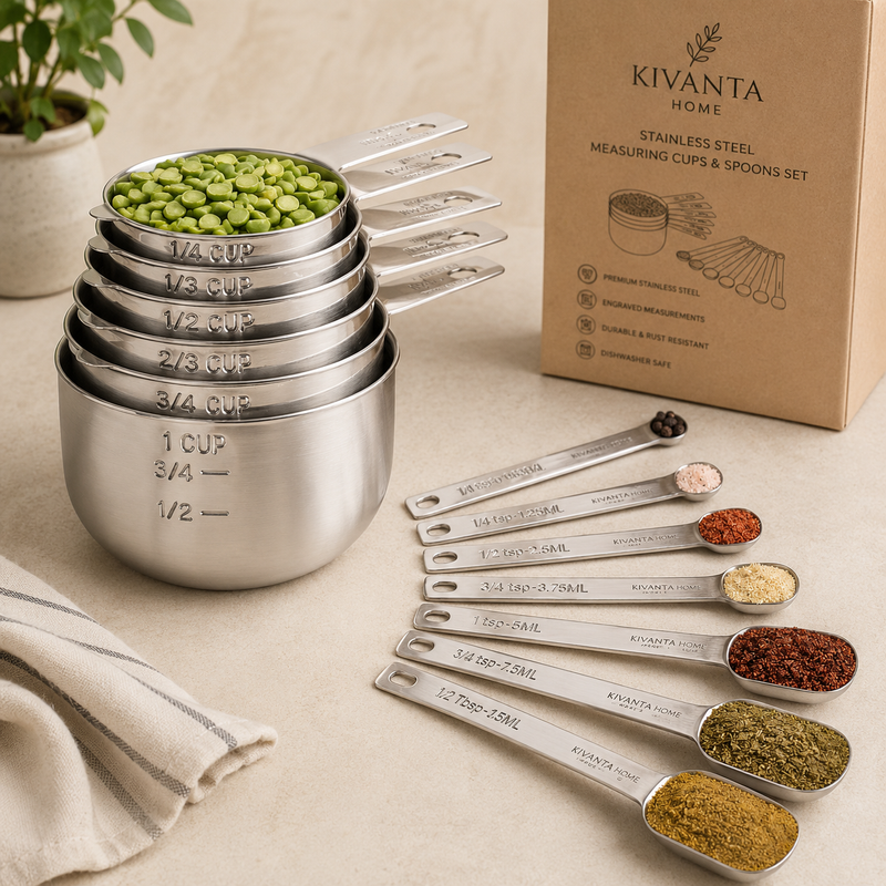 Kivanta Home Stainless Steel Measuring Cups & Spoons Set – Premium Kitchen Baking Tools